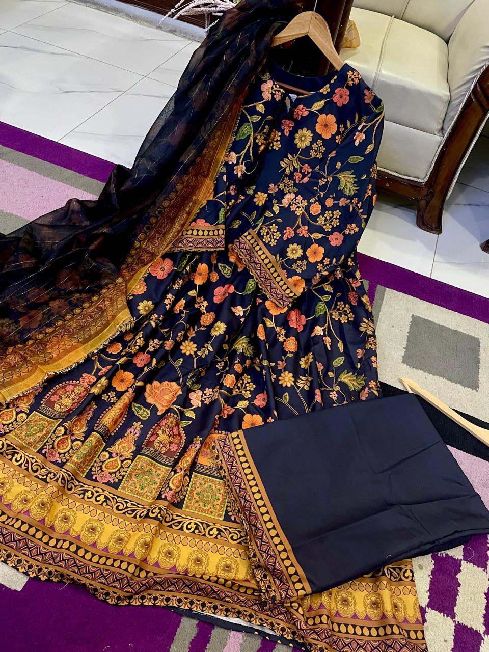 Digital Printed Doria Lawn Frock – 3-Piece Dress with Munar Lawn Dupatta