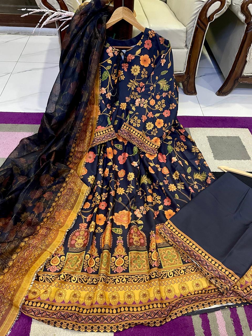 Digital Printed Doria Lawn Frock – 3-Piece Dress with Munar Lawn Dupatta