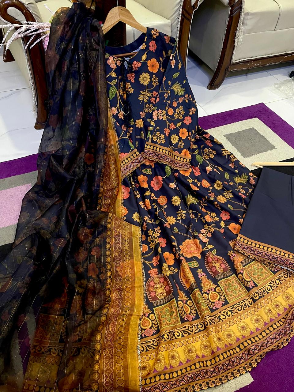 Digital Printed Doria Lawn Frock – 3-Piece Dress with Munar Lawn Dupatta