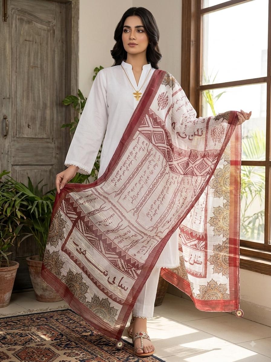 V-Neck Sequence Lace Malai Lawn 3pc Suit with Printed Dupatta