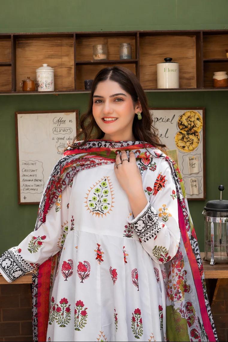 Digital Printed Doria Lawn Frock – 3pc Dress