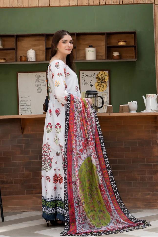 Digital Printed Doria Lawn Frock – 3pc Dress
