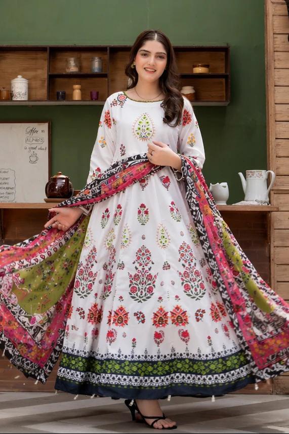 Digital Printed Doria Lawn Frock – 3pc Dress