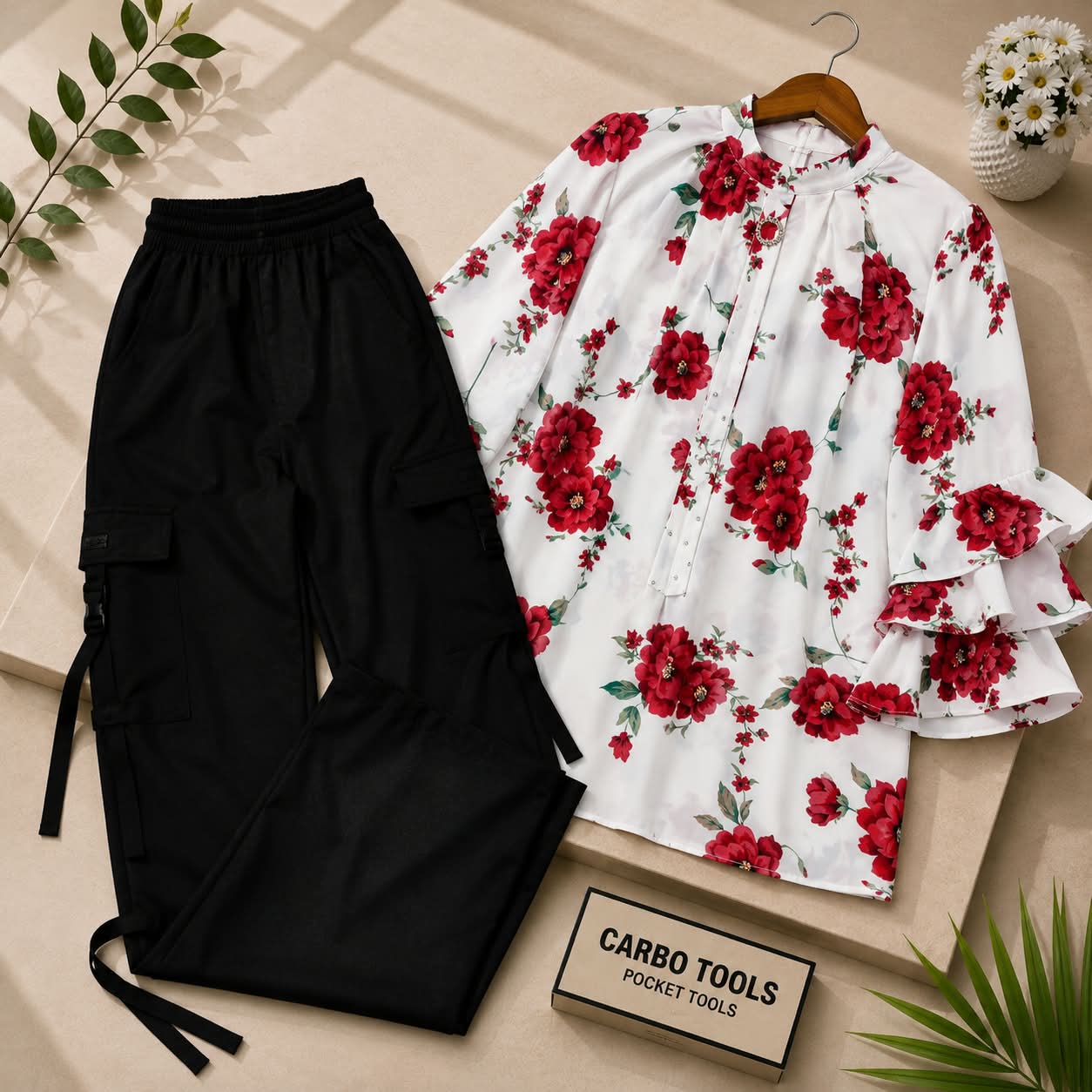 Western 2pc Georgette Shirt with Cargo Pant & Belt