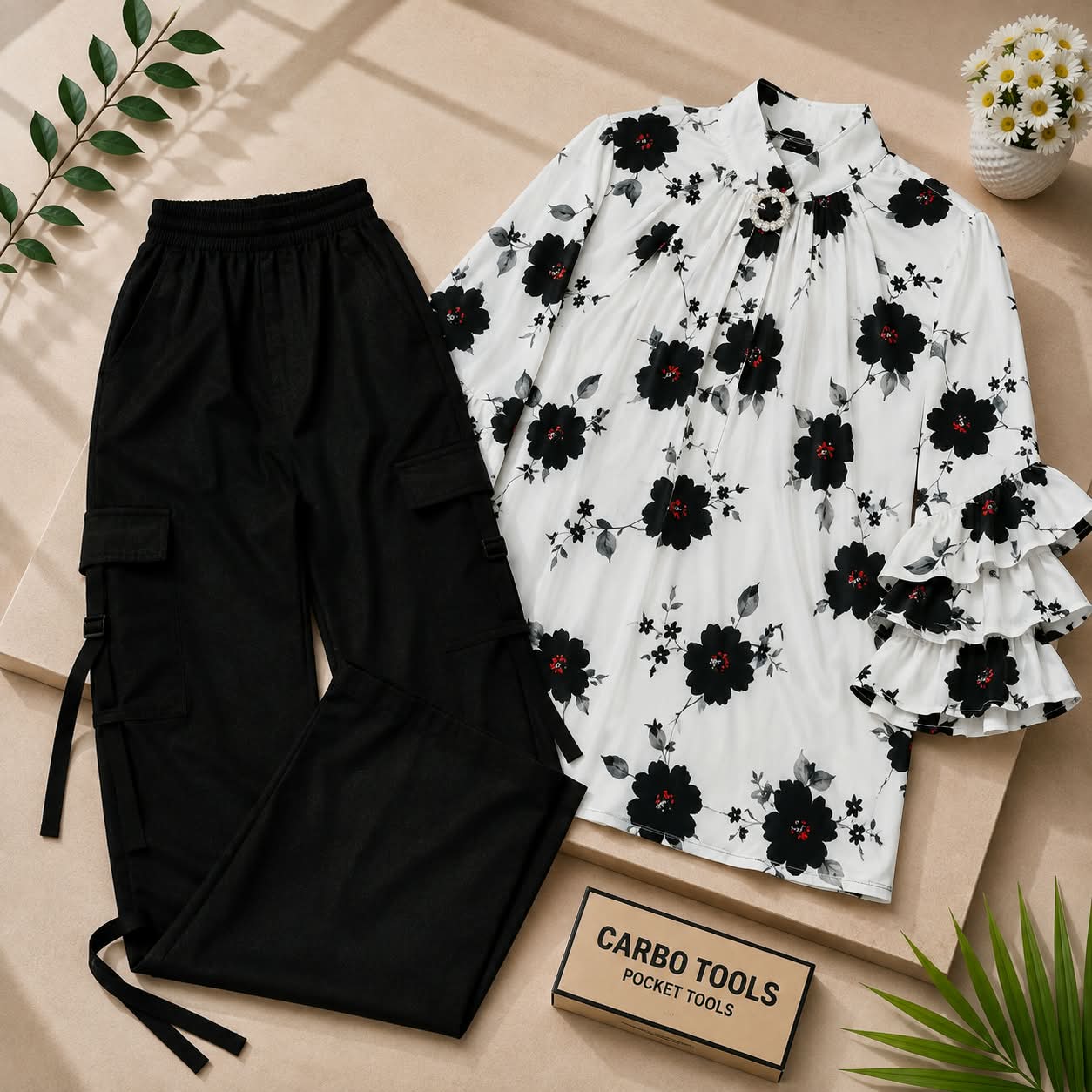 Western 2pc Georgette Shirt with Cargo Pant & Belt
