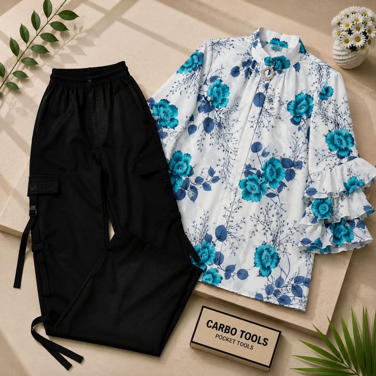 Western 2pc Georgette Shirt with Cargo Pant & Belt