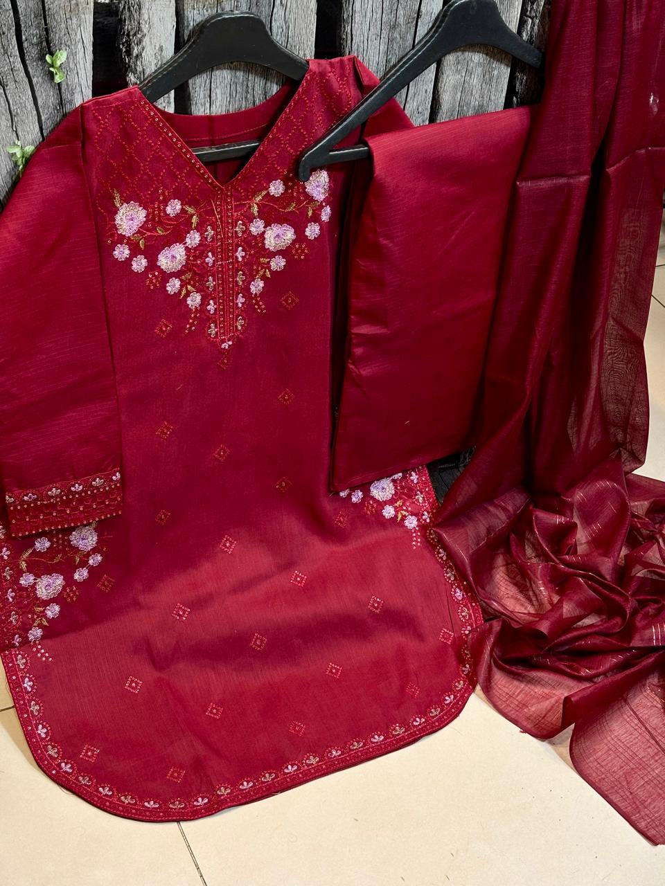 Winter Embroidered Cotton 3pc Suit – Maroon