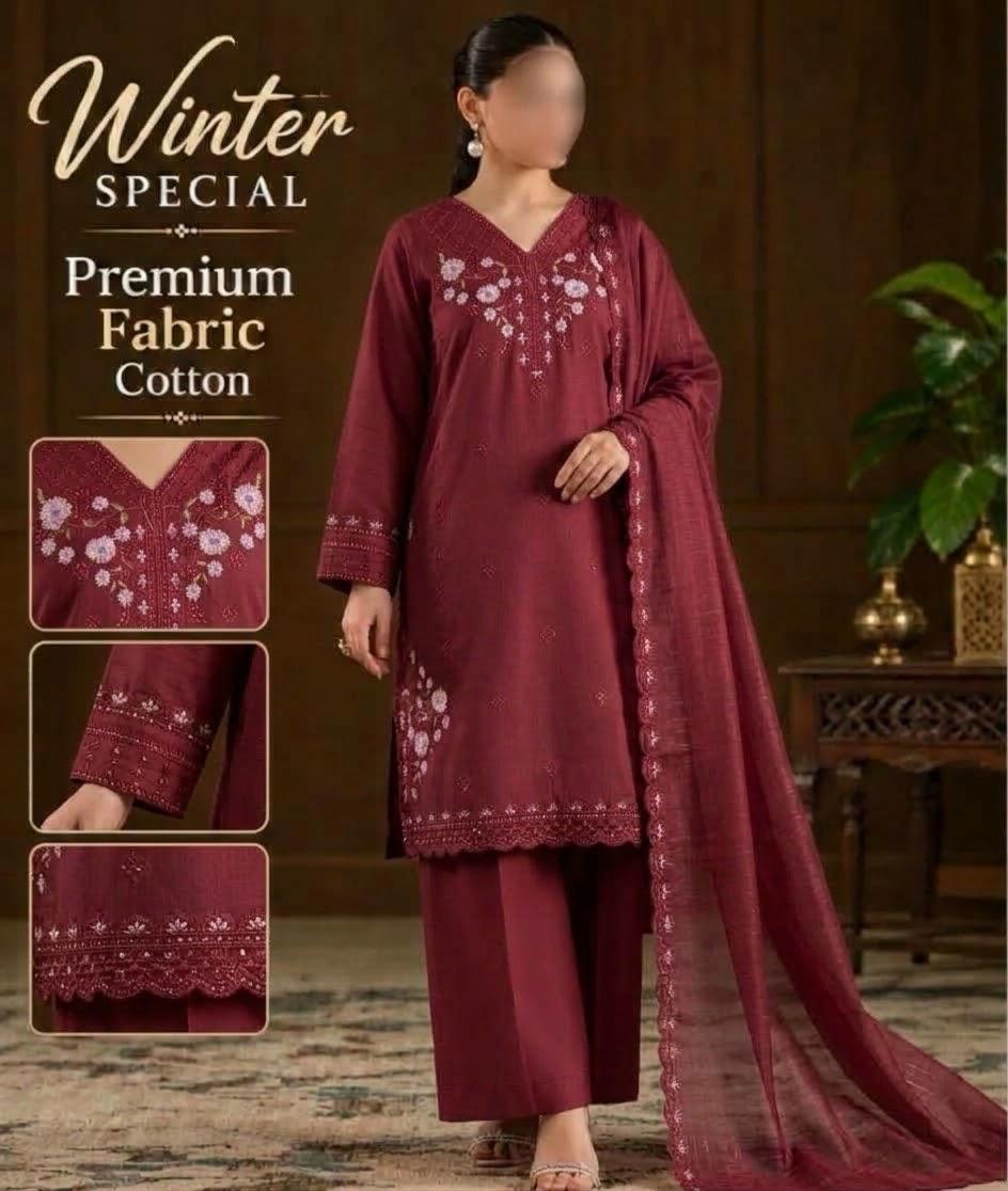 Winter Embroidered Cotton 3pc Suit – Maroon