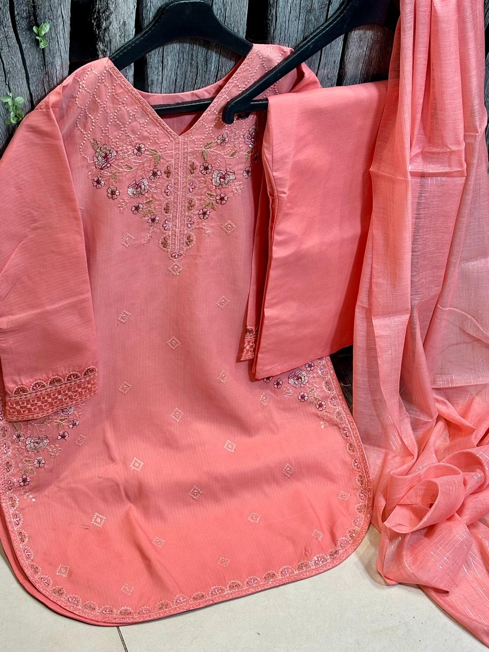 Winter Embroidered Cotton Suit – Peach Blush