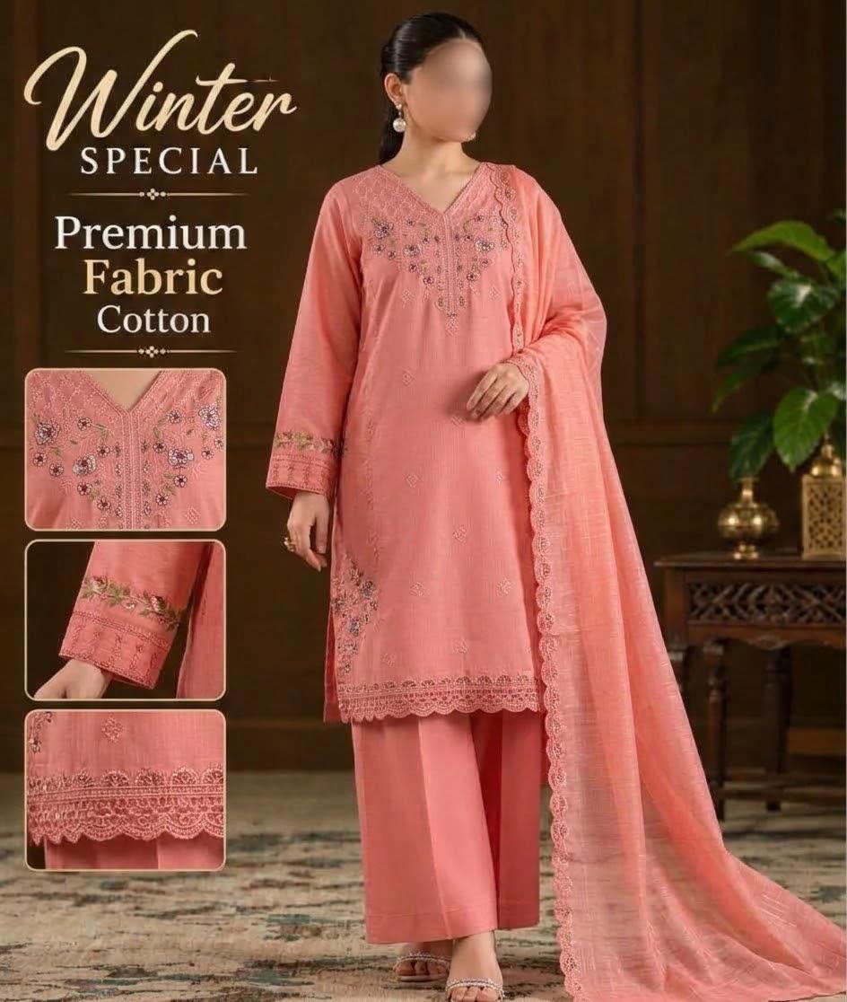 Winter Embroidered Cotton Suit – Peach Blush