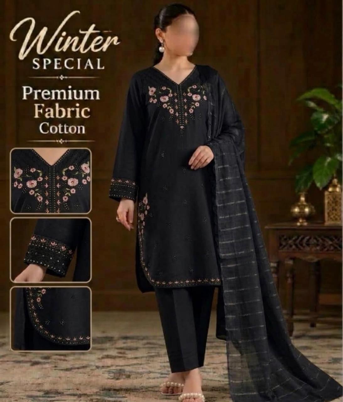 Winter Embroidered Cotton 3pc Suit – Classic Black