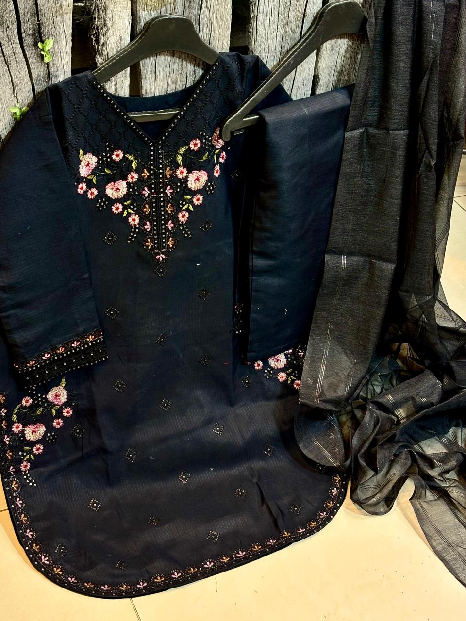 Winter Embroidered Cotton 3pc Suit – Classic Black