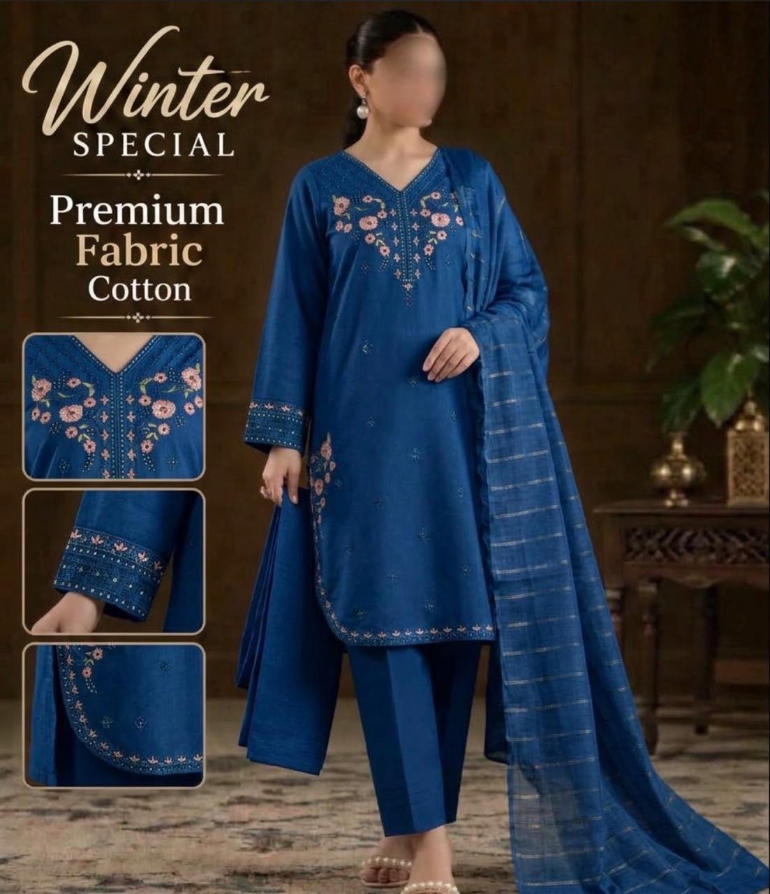 Winter Embroidered Cotton 3pc Suit – Royal Blue