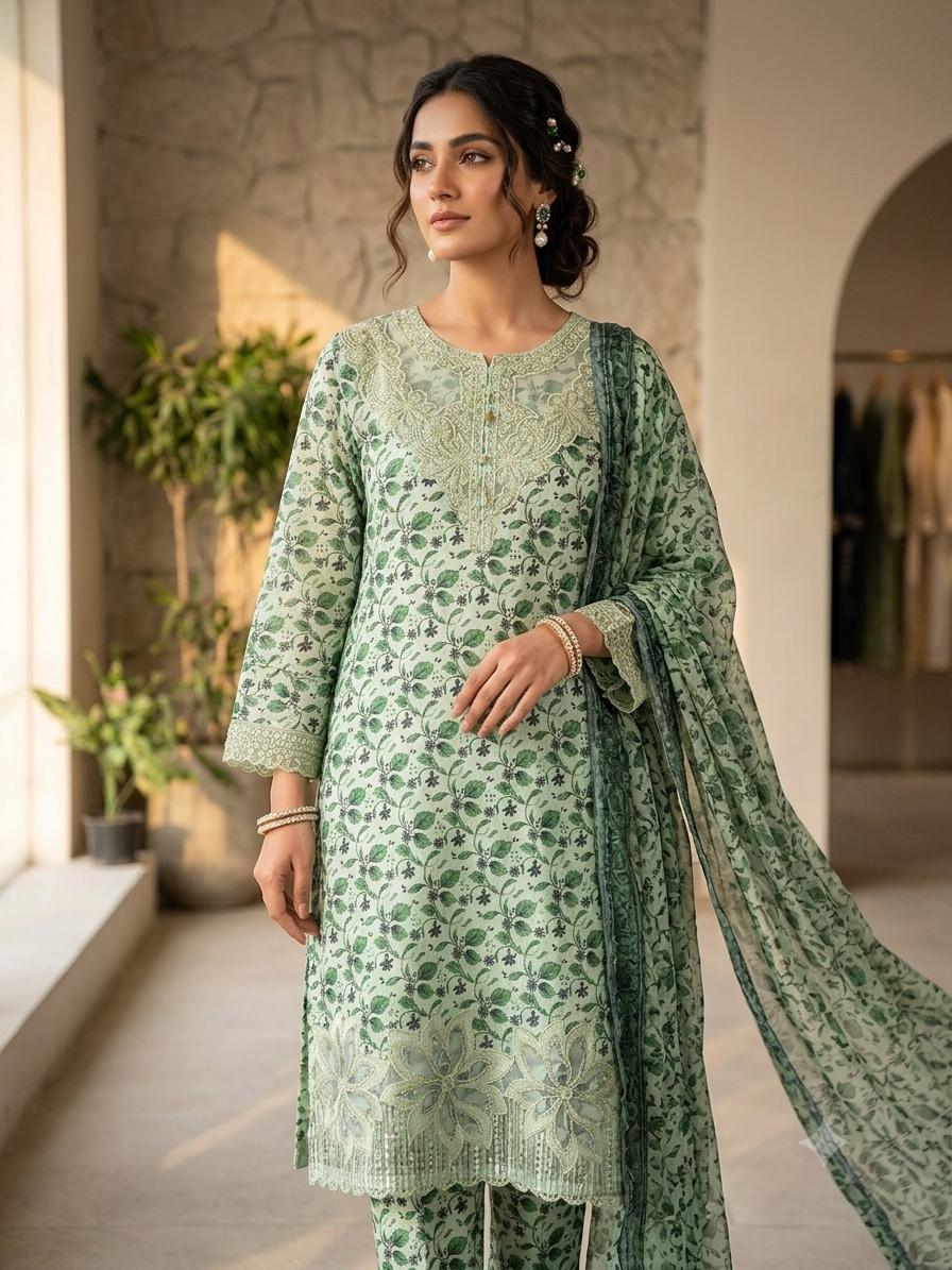 Digital Printed 3-Piece Suit – Embroidered Shirt with Munar Lawn Dupatta