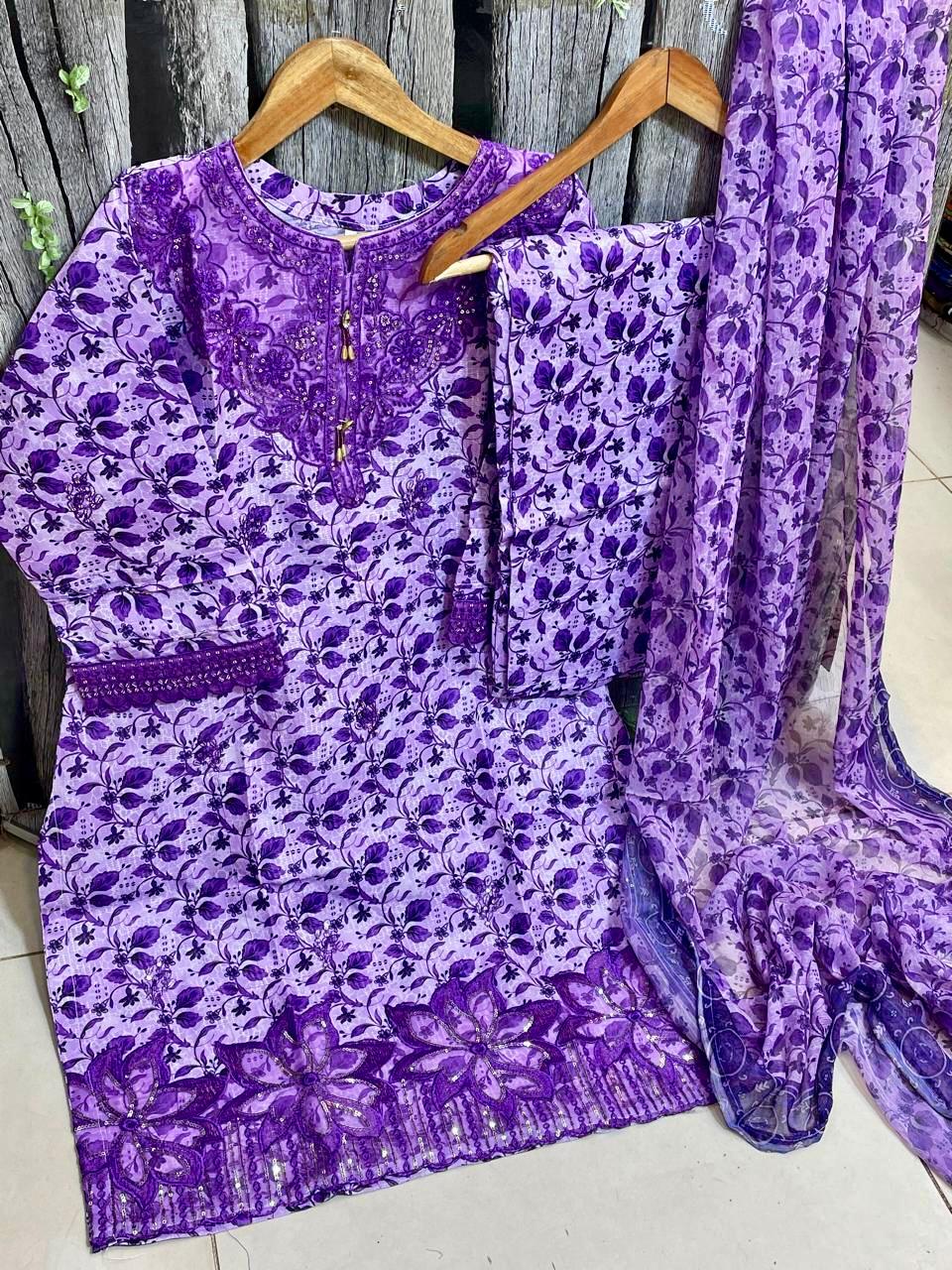 Digital Printed 3-Piece Suit – Embroidered Shirt with Munar Lawn Dupatta