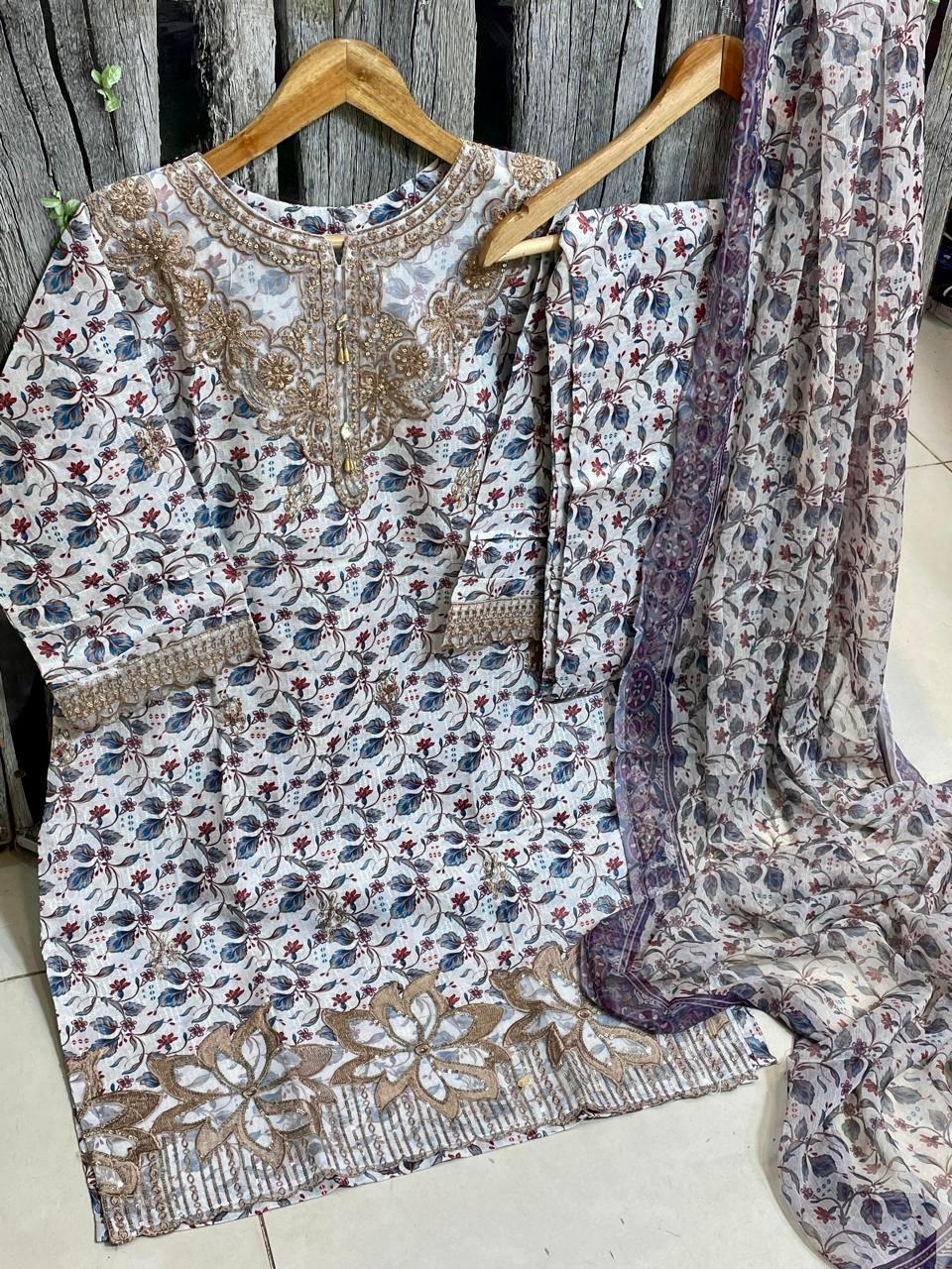 Digital Printed 3-Piece Suit – Embroidered Shirt with Munar Lawn Dupatta