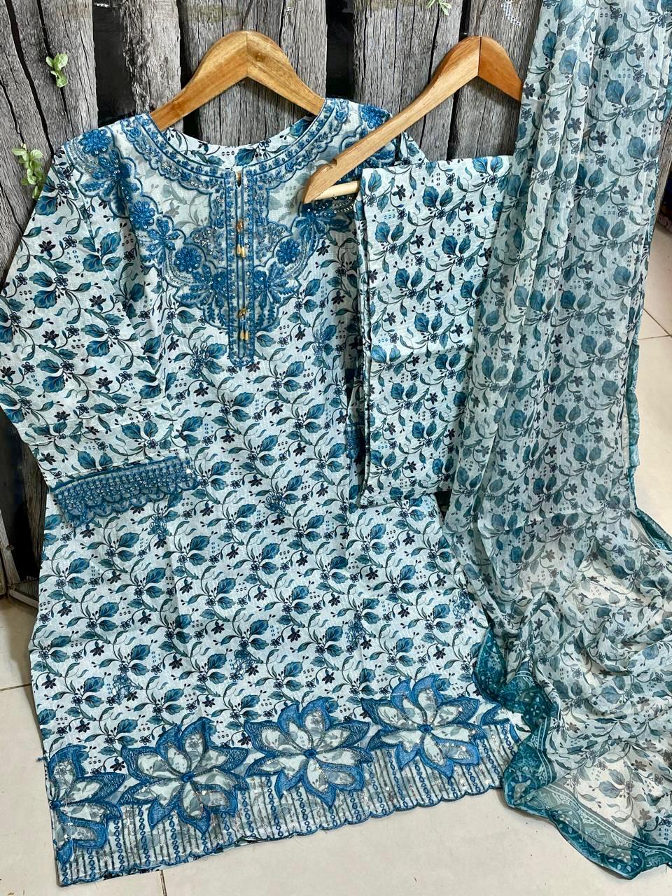 Digital Printed 3-Piece Suit – Embroidered Shirt with Munar Lawn Dupatta