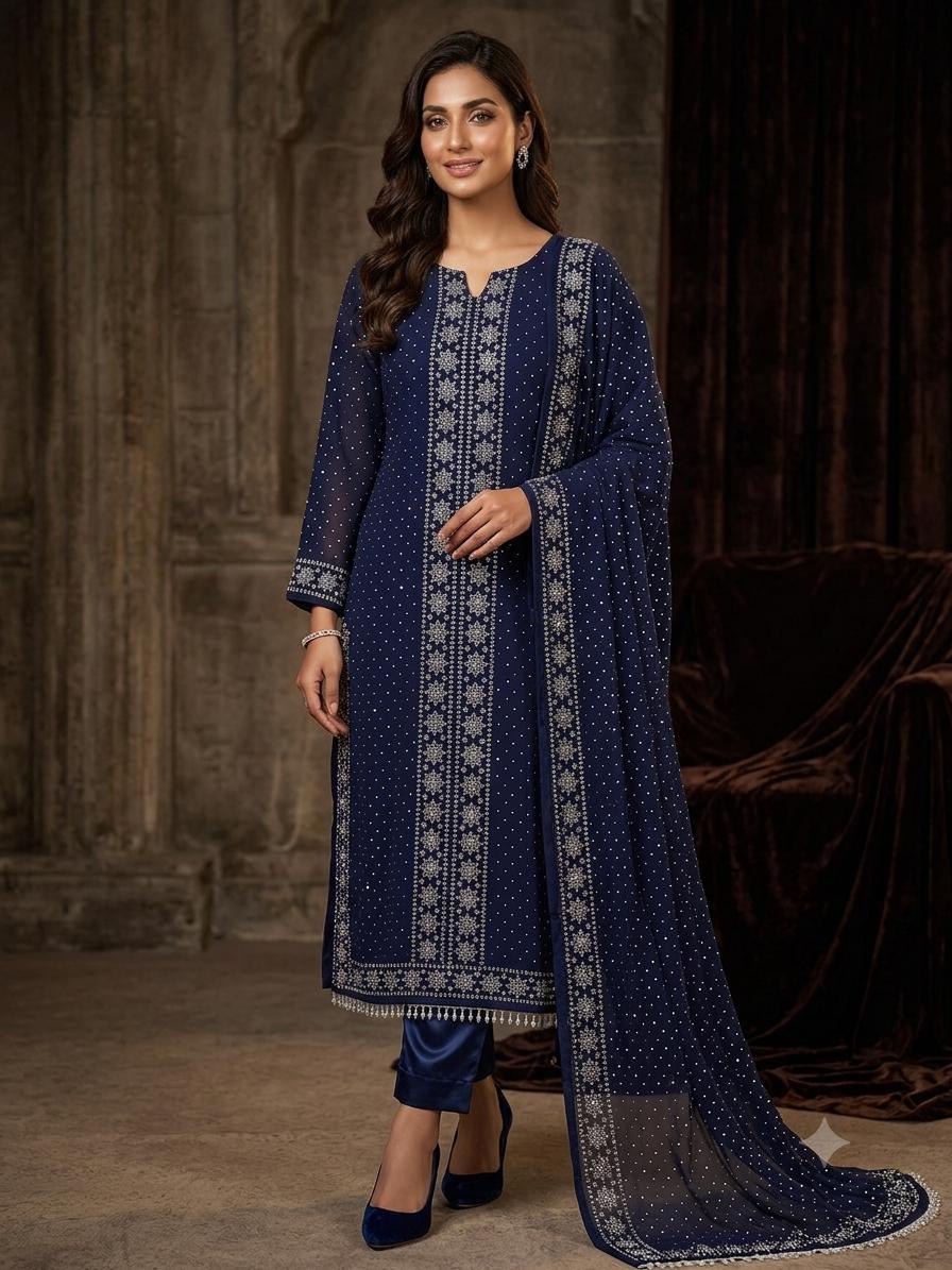 Ideal Luxury Chiffon Heavy Embroidered 3pc Suit